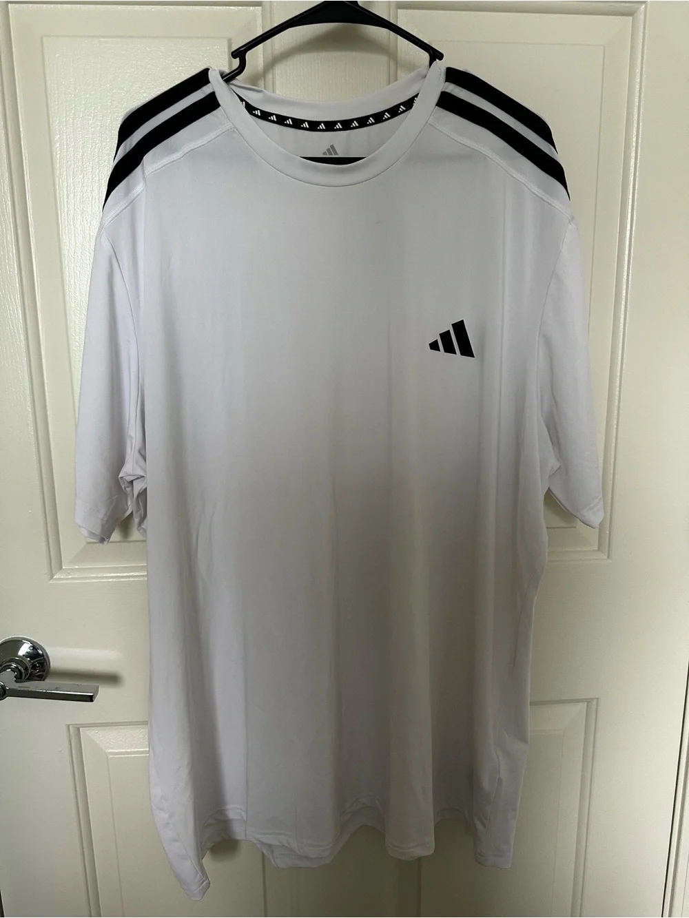 adidas White Short-Sleeve Athletic Tee with Black Stripes